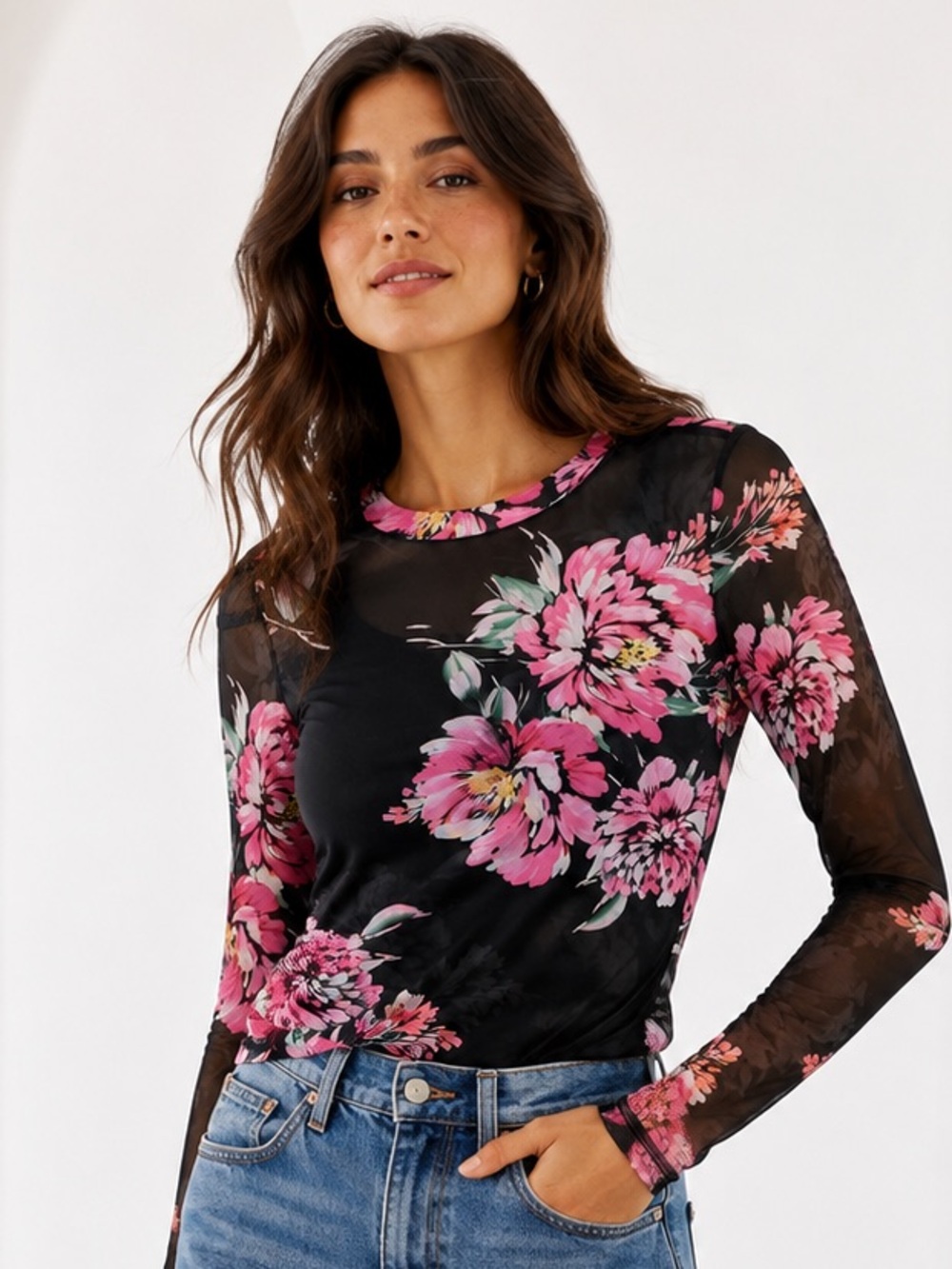 NWT Johnny Was Jade Natalie Floral Mesh Long Sleeve Tee Top Black Pink XXS